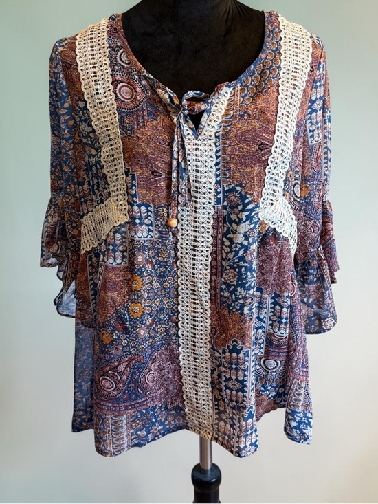 Artesia Tops - 🫶🏻 Artesia Boho Lace-Trim Paisley Peasant Top - Blue & Brown
